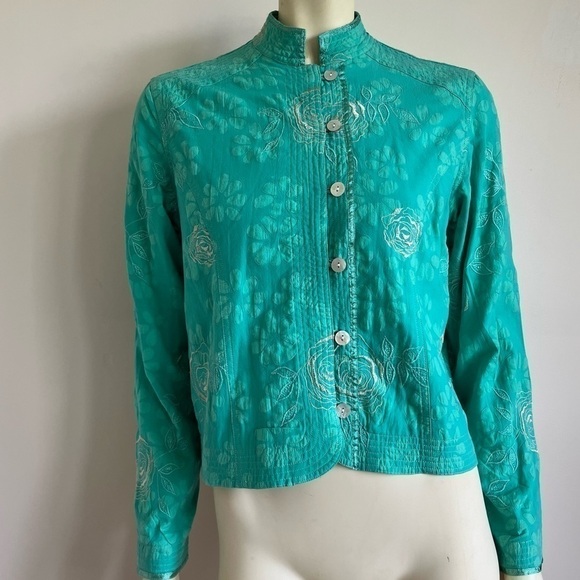MIRASOL Women’s Embroidered Roses Jacket Mandarin Collar Shell Buttons Green S - Picture 1 of 14